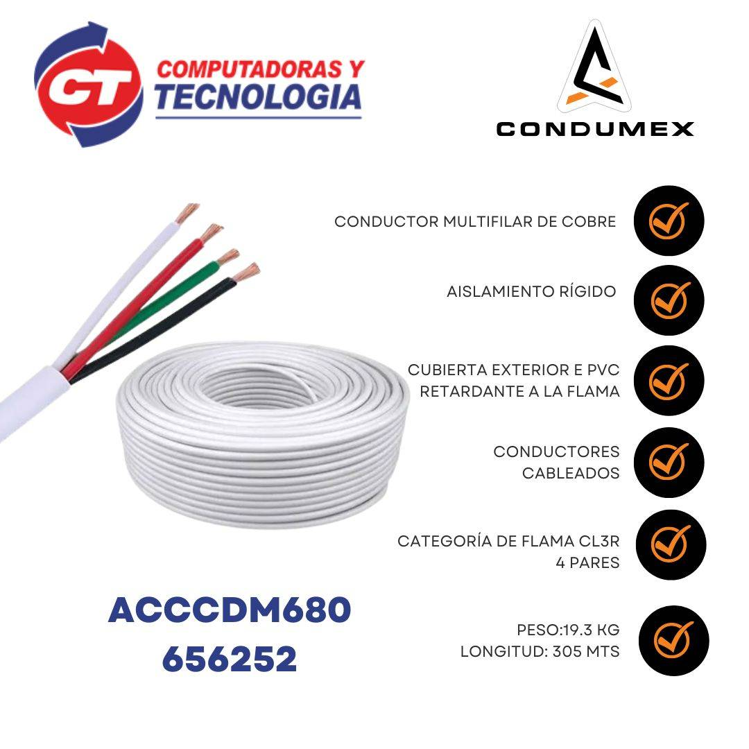 Cable de Alarma CONDUMEX 656252 - 305 m, Color blanco, Cable para alarmas CL2R. 4/22 awg, 100  Cobre Cable de Alarma CONDUMEX 656252 - 305 m, Color blanco, Cable para alarmas CL2R. 4/22 awg, 100  Cobre